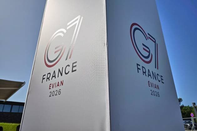 Publier, Frankreich, 15.06.2026: G7-Gipfel: Logo vor dem Medienzentrum nahe Évian-les-Bains *** Publier, France, 15 06 2026 G7 summit logo in front of the media center near Évian les Bains Copyright: xdtsxNachrichtenagenturx dts_122991