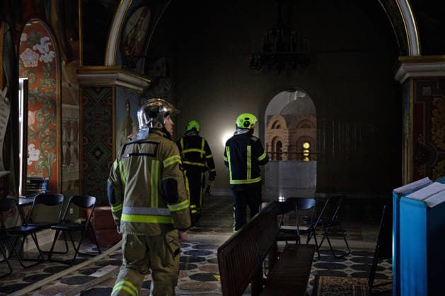 Rescuers examine the interior of the Dormition Cathedral at the Kyiv Pechersk Lavra, where the roof caught fire during a massive Russian combined attack, Kyiv, Ukraine, June 15, 2026. The Russian army launched a large-scale assault on the Ukrainian capital with missiles and strike drones, killing four people and injuring 28, including children and a pregnant woman. At least 140,000 consumers were left without electricity due to damage to power grids. Residential buildings, the Kyiv Pechersk Lavra, the Mystetskyi Arsenal Museum Complex, the Dovzhenko Film Studio, and the building of the High Anti-Corruption Court sustained damage. (Photo by Marianna Kotyk Ukrinform) Massive Russian attack damages Kyiv Pechersk Lavra and Mystetskyi Arsenal in  Copyright: xMariannaxKotykx