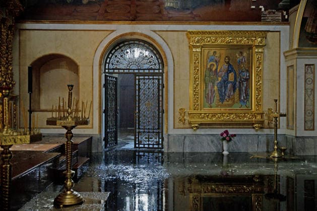 Water from a firefighting operation covers the floor in the Dormition Cathedral of the Kyiv Pechersk Lavra, where the roof caught fire during a massive Russian combined attack, Kyiv, Ukraine, June 15, 2026. The Russian army launched a large-scale assault on the Ukrainian capital with missiles and strike drones, killing four people and injuring 28, including children and a pregnant woman. At least 140,000 consumers were left without electricity due to damage to power grids. Residential buildings, the Kyiv Pechersk Lavra, the Mystetskyi Arsenal Museum Complex, the Dovzhenko Film Studio, and the building of the High Anti-Corruption Court sustained damage. (Photo by Marianna Kotyk Ukrinform) Massive Russian attack damages Kyiv Pechersk Lavra an  Copyright: xMariannaxKotykx