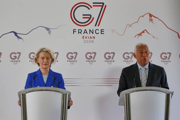 Évian-les-Bains, Frankreich, 15.06.2026: Hotel Ermitage: G7-Gipfel: Pressekonferenz mit EU-Kommissionspräsidentin Ursula von der Leyen und EU-Ratspräsident Antonio Costa *** Évian-les-Bains, France, June 15, 2026 Hotel Ermitage G7 Summit Press Conference with European Commission President Ursula von der Leyen and European Council President Antonio Costa,detected_source_language Copyright: xdtsxNachrichtenagenturx dts_123042
