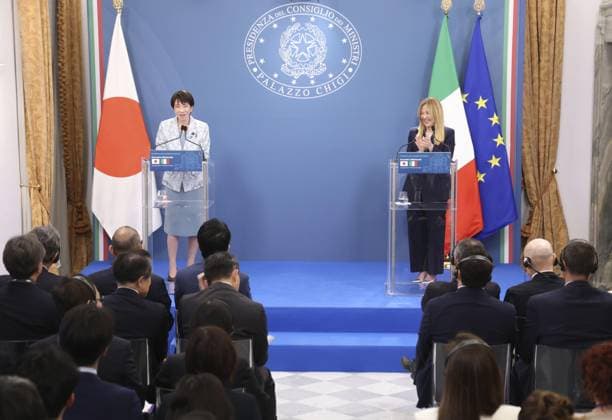 Japan-Italy summit Japanese Prime Minister Sanae Takaichi (L) and her Italian counterpart Giorgia Meloni attend a press event following their talks in Rome on June 15, 2026. (Pool photo)  A14AA0005618919P
