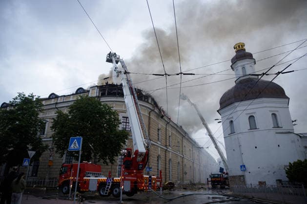 Massive Russian attack damages Kyiv Pechersk Lavra and Mystetskyi Arsenal in Kyiv Firefighters use an aerial platform to extinguish a fire at the Mystetskyi Arsenal National Cultural, Art and Museum Complex, caused by a massive Russian combined attack, Kyiv, Ukraine, June 15, 2026. The Russian army launched a large-scale assault on the Ukrainian capital with missiles and strike drones, killing four people and injuring 28, including children and a pregnant woman. At least 140,000 consumers were left without electricity due to damage to power grids. Residential buildings, the Kyiv Pechersk Lavra, the Mystetskyi Arsenal Museum Complex, the Dovzhenko Film Studio, and the building of the High Anti-Corruption Court sustained damage., Credit:Maria  Copyright: xMariannaxKotykx xUkrinformx xAvalonx 1110345009