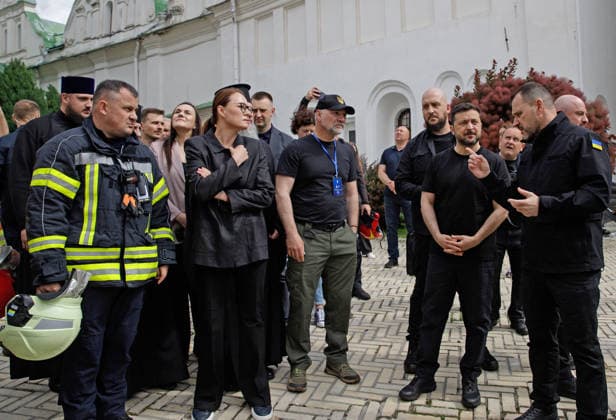 Head of the State Emergency Service of Ukraine Andrii Danyk, Prime Minister of Ukraine Yuliia Svyrydenko, Director General of the Kyiv Pechersk Lavra National Preserve Maksym Ostapenko, President of Ukraine Volodymyr Zelenskyy and Minister of Internal Affairs of Ukraine Ihor Klymenko (L to R) visit to the Kyiv Pechersk Lavra, where the roof of the Dormition Cathedral caught fire during a massive Russian combined attack, Kyiv, Ukraine, June 15, 2026. The Russian army launched a large-scale assault on the Ukrainian capital with missiles and strike drones, killing four people and injuring 28, including children and a pregnant woman. At least 140,000 consumers were left without electricity due to damage to power grids. Residential buildings, th  Copyright: xMariannaxKotykx