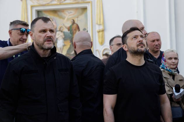 President of Ukraine Volodymyr Zelenskyy (R) and Minister of Internal Affairs of Ukraine Ihor Klymenko visit the Kyiv Pechersk Lavra, where the roof of the Dormition Cathedral caught fire during a massive Russian combined attack, Kyiv, Ukraine, June 15, 2026. The Russian army launched a large-scale assault on the Ukrainian capital with missiles and strike drones, killing four people and injuring 28, including children and a pregnant woman. At least 140,000 consumers were left without electricity due to damage to power grids. Residential buildings, the Kyiv Pechersk Lavra, the Mystetskyi Arsenal Museum Complex, the Dovzhenko Film Studio, and the building of the High Anti-Corruption Court sustained damage. (Photo by Marianna Kotyk Ukrinform)  Copyright: xMariannaxKotykx