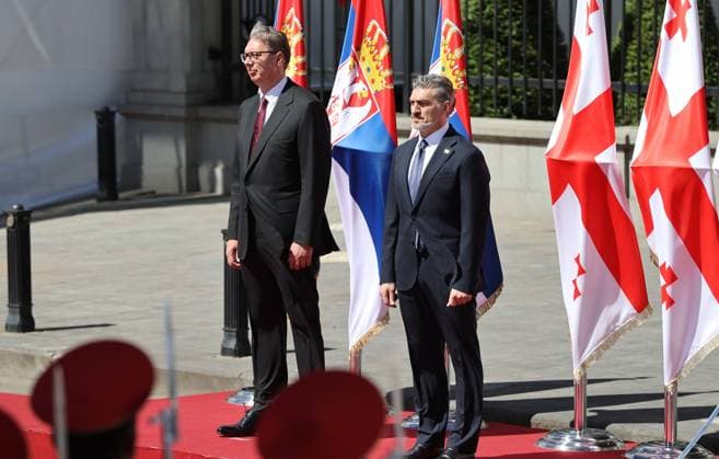 Serbian President Aleksandar Vucic in Tbilisi TBILISI, GEORGIA - JUNE 15: Serbian President Aleksandar Vucic is welcomed by Georgian President Mikheil Kavelashvili with an official welcoming ceremony in front of the Presidential Palace in Tbilisi, Georgia on June 15, 2026. Vucic arrived in the country for a series of official meetings and talks. Davit Kachkachishvili Anadolu Tbilisi Georgia. Editorial use only. Please get in touch for any other usage.  Copyright: x2026xAnadoluxDavitxKachkachishvilix