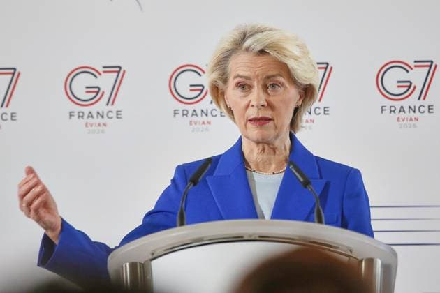 Évian-les-Bains, Frankreich, 15.06.2026: Hotel Ermitage: G7-Gipfel: Pressekonferenz mit EU-Kommissionspräsidentin Ursula von der Leyen *** Évian-les-Bains, France, June 15, 2026 Hotel Ermitage G7 Summit Press Conference with European Commission President Ursula von der Leyen,detected_source_language Copyright: xdtsxNachrichtenagenturx dts_123074