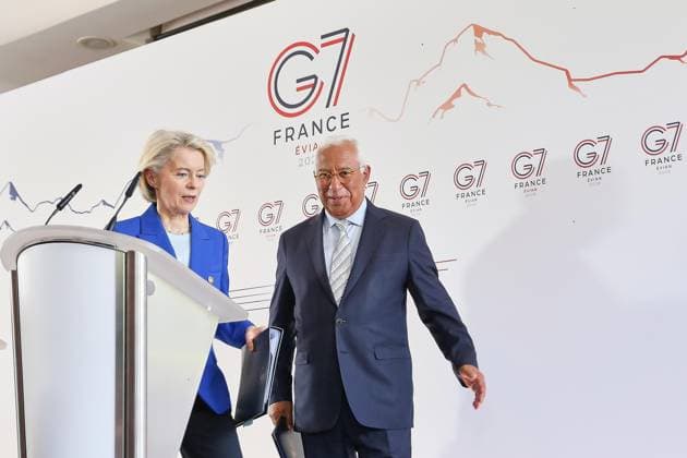 Évian-les-Bains, Frankreich, 15.06.2026: Hotel Ermitage: G7-Gipfel: Pressekonferenz mit EU-Kommissionspräsidentin Ursula von der Leyen und EU-Ratspräsident Antonio Costa *** Évian-les-Bains, France, June 15, 2026 Hotel Ermitage G7 Summit Press Conference with European Commission President Ursula von der Leyen and European Council President Antonio Costa,detected_source_language Copyright: xdtsxNachrichtenagenturx dts_123076