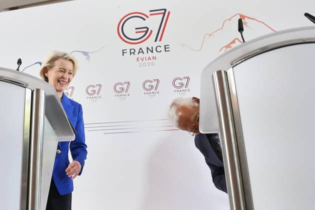 Évian-les-Bains, Frankreich, 15.06.2026: Hotel Ermitage: G7-Gipfel: Pressekonferenz mit EU-Kommissionspräsidentin Ursula von der Leyen und EU-Ratspräsident Antonio Costa *** Évian-les-Bains, France, June 15, 2026 Hotel Ermitage G7 Summit Press Conference with European Commission President Ursula von der Leyen and European Council President Antonio Costa,detected_source_language Copyright: xdtsxNachrichtenagenturx dts_123077