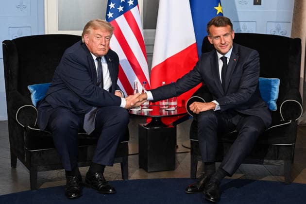 President Trump And President Macron At G7 Summit Bilateral Meeting - France U.S. President Donald Trump and French President Emmanuel Macron pictured at a bilateral meeting on the G7 summit at the Hotel Royal, in Evian-les-Bains, France on June 15, 2026. A G7 summit is set to take place June 15 to 17 in the French town of Evian-les-Bains near Switzerland and it will be attended by country leaders as well as the EU s foreign policy chief and ministers from Brazil, Canada, the United Arab Emirates and Turkey. Photo by Ammar Abd Rabbo ABACAPRESS.COM Evian-les-Bains France  Copyright: xAbdxRabboxAmmar ABACAx