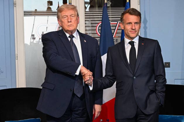 President Trump And President Macron At G7 Summit Bilateral Meeting - France U.S. President Donald Trump and French President Emmanuel Macron pictured at a bilateral meeting on the G7 summit at the Hotel Royal, in Evian-les-Bains, France on June 15, 2026. A G7 summit is set to take place June 15 to 17 in the French town of Evian-les-Bains near Switzerland and it will be attended by country leaders as well as the EU s foreign policy chief and ministers from Brazil, Canada, the United Arab Emirates and Turkey. Photo by Ammar Abd Rabbo ABACAPRESS.COM Evian-les-Bains France  Copyright: xAbdxRabboxAmmar ABACAx