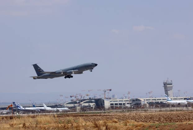 (260615) -- TEL AVIV, June 15, 2026 -- An American military aerial refueling tanker takes off from Ben Gurion Airport in Israel, June 15, 2026. (Photo by Xinhua) ISRAEL-BEN GURION AIRPORT-REFUELING TANKER GilxCohenxMagen 