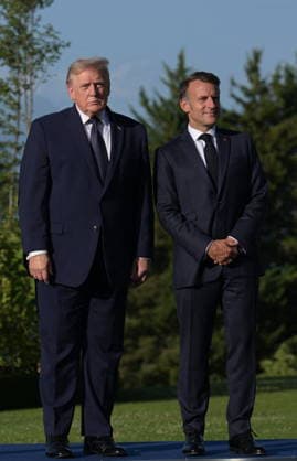 RECORD DATE NOT STATED G7 Summit - Welcoming Ceremony By President Macron And Wife U.S. President Donald Trump at the official welcoming ceremony hosted by French President Emmanuel Macron and his wife First Lady of France, Brigitte Macron during G7 Summit at the Hotel Royal in Evian-les-Bains, France on June 15, 2026. A G7 summit is set to take place June 15 to 17 in the French town of Evian-les-Bains near Switzerland and it will be attended by country leaders as well as the EU s foreign policy chief and ministers from Brazil, Canada, the United Arab Emirates and Turkey. Photo by Ammar Abd Rabbo ABACAPRESS.COM Evian-les-Bains France  Copyright: xAbdxRabboxAmmar ABACAx