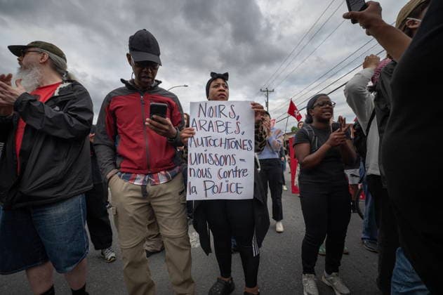 June 15, 2026, Montreal, Pq, Canada: Protesters outside Montreal police station 39 in Montreal North during an anti police brutality protest on Monday June 15, 2026. Montreal Canada  - ZUMAc35_ 20260615_zaf_c35_138 Copyright: xPeterxMccabex