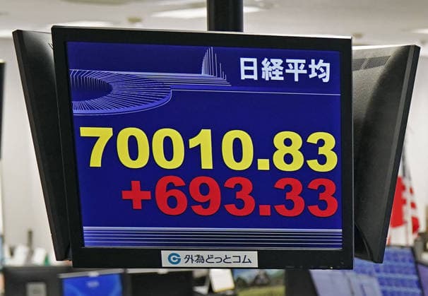Nikkei rises above 70,000 for 1st time A financial data monitor at a foreign exchange trading company in Tokyo shows the 225-issue Nikkei Stock Average rising above 70,000 for the first time on June 16, 2026.  A14AA0005619008P