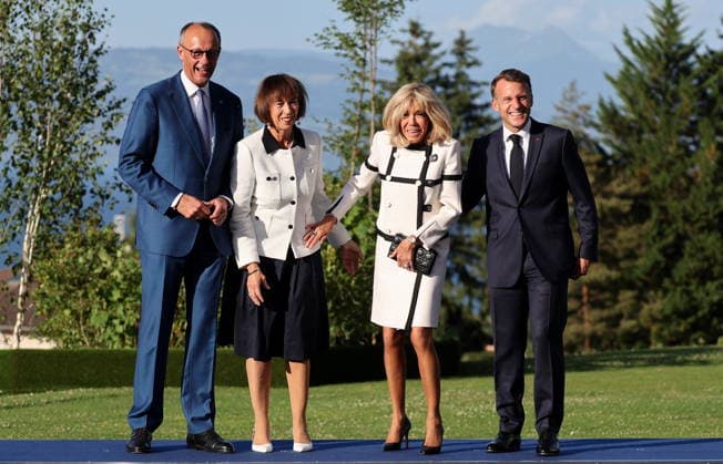 President Emmanuel Macron, his wife Brigitte Macron, German Chancellor Friedrich Merz, and his wife Charlotte Merz Arrival of thestate and government for a working dinner Responding together to major international challenges on the sidelines of the G7 summit in Évian-les-Bains on June 15, 2026, Évian, France,detected_source_language  Copyright: xDOMINIQUExJACOVIDESx xBESTIMAGExDOMINIQUExJACOVIDESx xBESTIMAGEx