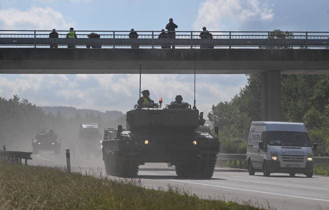 The first military exercise involving the movement of nine Leopard 2A4 tanks and one recovery vehicle along the D35 motorway from the base in Praslavice toward the Velky Ujezd exit took place in Olomouc Region, Czech Republic, on June 16, 2026. (CTKxPhoto LudekxPerina) CTKPhotoP2026061603168  CTKPhotoP2026061603168