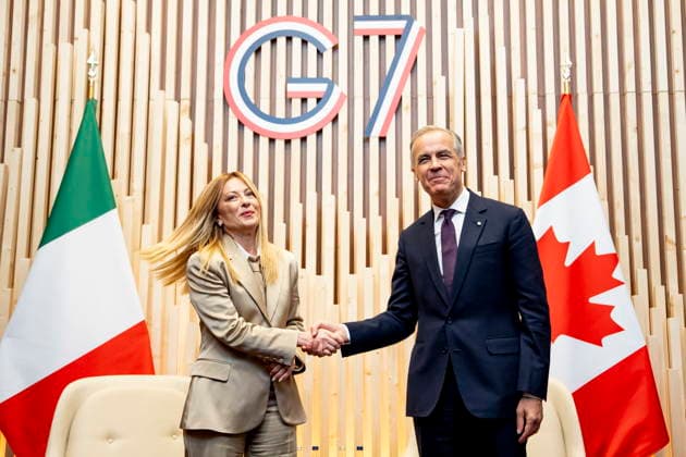 June 16, 2026, Evian-Les-Bains, France: CanadaöÄÃ s Prime Minister Mark Carney meets with Prime Minister of Italy, Giorgia Meloni, during the G7 summit in Evian-les-Bains, France, on Tuesday, June 16, 2026. Evian-Les-Bains France  - ZUMAc35_ 20260616_zaf_c35_001 Copyright: xChristopherxKatsarovx