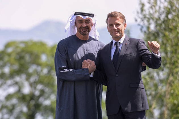 G7 Summit - Macron Welcomes MBZ France s President Emmanuel Macron (R) welcomes United Arab Emirates Crown prince Mohammed Bin Zayed Al Nahyan (MBZ) for the official greeting ahead of a work lunch as part of the G7 summit, in Evian, eastern France, on June 16, 2026. A G7 summit is set to take place June 15 to 17 in the French town of Evian-les-Bains near Switzerland and it will be attended by country leaders as well as the EU s foreign policy chief and ministers from Brazil, Canada, the United Arab Emirates and Turkey. Photo by Ammar Abd Rabbo ABACAPRESS.COM Evian France  Copyright: xAbdxRabboxAmmar ABACAx