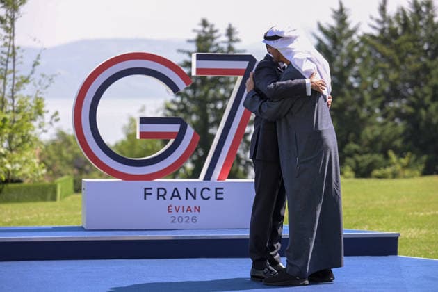 G7 Summit - Macron Welcomes MBZ France s President Emmanuel Macron (R) welcomes United Arab Emirates Crown prince Mohammed Bin Zayed Al Nahyan (MBZ) for the official greeting ahead of a work lunch as part of the G7 summit, in Evian, eastern France, on June 16, 2026. A G7 summit is set to take place June 15 to 17 in the French town of Evian-les-Bains near Switzerland and it will be attended by country leaders as well as the EU s foreign policy chief and ministers from Brazil, Canada, the United Arab Emirates and Turkey. Photo by Ammar Abd Rabbo ABACAPRESS.COM Evian France  Copyright: xAbdxRabboxAmmar ABACAx