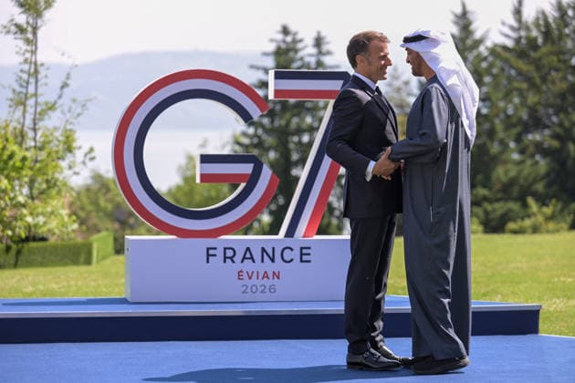 G7 Summit - Macron Welcomes MBZ France s President Emmanuel Macron (R) welcomes United Arab Emirates Crown prince Mohammed Bin Zayed Al Nahyan (MBZ) for the official greeting ahead of a work lunch as part of the G7 summit, in Evian, eastern France, on June 16, 2026. A G7 summit is set to take place June 15 to 17 in the French town of Evian-les-Bains near Switzerland and it will be attended by country leaders as well as the EU s foreign policy chief and ministers from Brazil, Canada, the United Arab Emirates and Turkey. Photo by Ammar Abd Rabbo ABACAPRESS.COM Evian France  Copyright: xAbdxRabboxAmmar ABACAx
