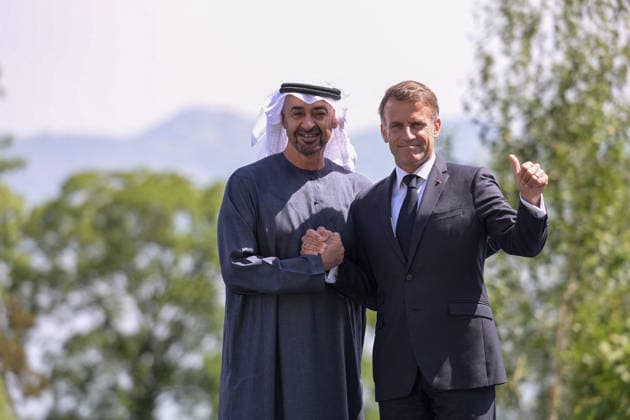 G7 Summit - Macron Welcomes MBZ France s President Emmanuel Macron (R) welcomes United Arab Emirates Crown prince Mohammed Bin Zayed Al Nahyan (MBZ) for the official greeting ahead of a work lunch as part of the G7 summit, in Evian, eastern France, on June 16, 2026. A G7 summit is set to take place June 15 to 17 in the French town of Evian-les-Bains near Switzerland and it will be attended by country leaders as well as the EU s foreign policy chief and ministers from Brazil, Canada, the United Arab Emirates and Turkey. Photo by Ammar Abd Rabbo ABACAPRESS.COM Evian France  Copyright: xAbdxRabboxAmmar ABACAx