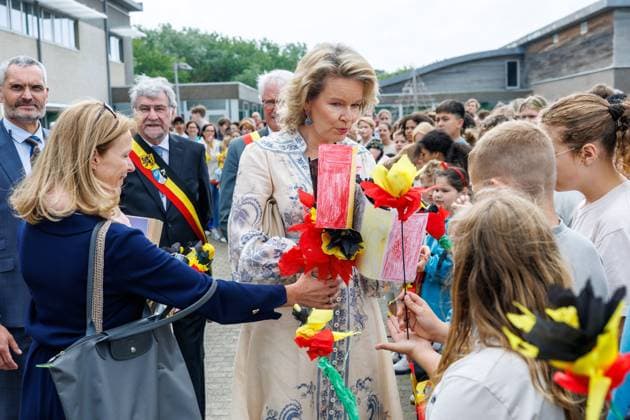De Haan mayor Wilfried Vandaele and Queen Mathilde of Belgium pictured during a royal visit to the Zeepreventorium in De Haan, Tuesday 16 June 2026. The paediatric rehabilitation centre is specialised in supporting children and young people with chronic conditions such as cystic fibrosis and obesity and celebrates its 100th anniversary.  KURTxDESPLENTER 177847314