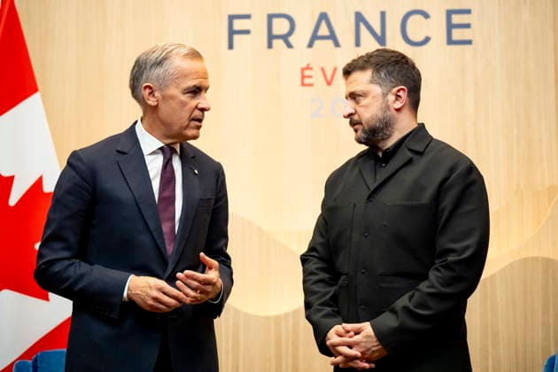 June 16, 2026, Evian-Les-Bains, France: CanadaöÄÃ s Prime Minister Mark Carney meets with Volodymyr Zelenskyy president of Ukraine, during the G7 summit in Evian-les-Bains, France, on Tuesday, June 16, 2026. Evian-Les-Bains France  - ZUMAc35_ 20260616_zaf_c35_006 Copyright: xChristopherxKatsarovx
