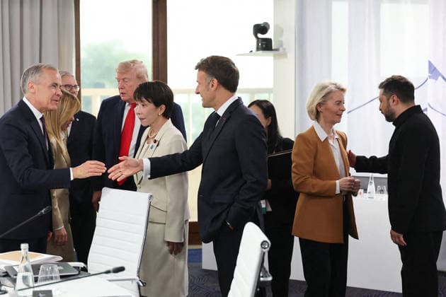 G7 Summit - Meeting With President Zelensky Ukrainian President Volodymyr Zelensky meets with German Chancellor Friedrich Merz, Canadian Prime Minister Mark Carney, US President Donald Trump, Japanese Prime Minister Sanae Takaichi, French President Emmanuel Macron, and European Commission President Ursula von der Leyen during a meeting with the President of Ukraine at the G7 summit in Evian, France on June 16, 2026. Photo by Dominique Jacovides Bestimage ABACAPRESS.COM Evian France  Copyright: xJacovidesxDominique Pool ABACAx