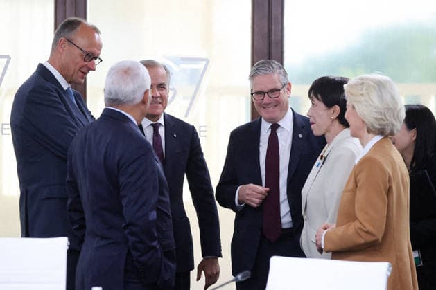 G7 Summit - Meeting With President Zelensky Friedrich Merz, Chancellor of Germany, Antonio Costa, President of the European Council, Mark Carney, Prime Minister of Canada, Keir Starmer, Prime Minister of the United Kingdom, Sanae Takaichi, Prime Minister of Japan, and Ursula von der Leyen, President of the European Commission, meet with the President of Ukraine during the G7 summit in Evian, France on June 16, 2026. Photo by Dominique Jacovides Bestimage ABACAPRESS.COM Evian France  Copyright: xJacovidesxDominique Pool ABACAx