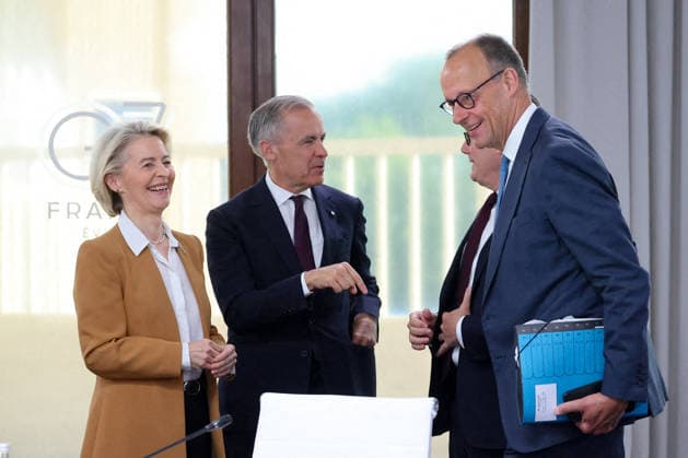 G7 Summit - Meeting With President Zelensky Ursula von der Leyen, President of the European Commission, meets with the President of Ukraine, Mark Carney, Prime Minister of Canada, Keir Starmer, Prime Minister of the United Kingdom, and Friedrich Merz, Chancellor of Germany, during the G7 summit in Evian, France on June 16, 2026. Photo by Dominique Jacovides Bestimage ABACAPRESS.COM Evian France  Copyright: xJacovidesxDominique Pool ABACAx