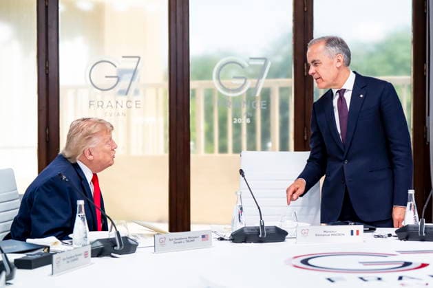 June 16, 2026, Evian-Les-Bains, France: CanadaöÄÃ s Prime Minister Mark Carney and U.S. President Donald Trump speak at the G7 working luncheon, during the G7 summit in Evian-les-Bains, France, on Tuesday, June 16, 2026. Evian-Les-Bains France  - ZUMAc35_ 20260616_zaf_c35_012 Copyright: xChristopherxKatsarovx