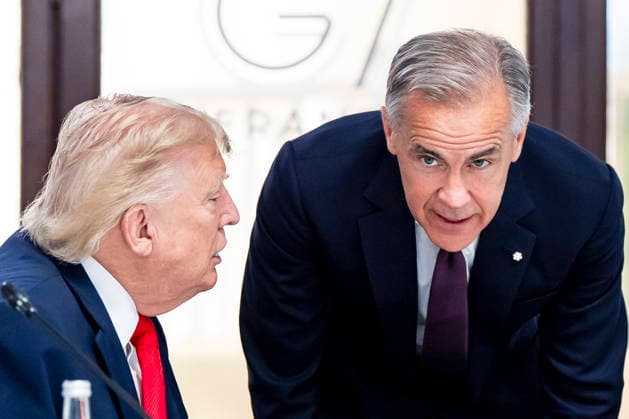 June 16, 2026, Evian-Les-Bains, France: U.S. President Donald Trump and CanadaöÄÃ s Prime Minister Mark Carney speak at the G7 working luncheon, during the G7 summit in Evian-les-Bains, France, on Tuesday, June 16, 2026. Evian-Les-Bains France  - ZUMAc35_ 20260616_zaf_c35_015 Copyright: xChristopherxKatsarovx