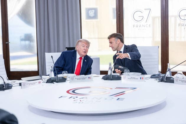 U.S. President Donald Trump and French President Emmanuel Macron during a working lunch as part of the G7 summit in Evian, eastern France, on June 16, 2026 A G7 summit is set to take place June 15–17 in the French town of Évian-les-Bains near Switzerland, and it will be attended by national leaders as well as the EU’s foreign policy chief and ministers from Brazil, Canada, the United Arab Emirates, and Turkey Ammar Abd Rabbo Pool Bestimage Évian-les-Bains, France,detected_source_language  Copyright: xAmmarxAbdxRabbo Pool BestimagexAmmarxAbdxRabbo Pool Bestimagex