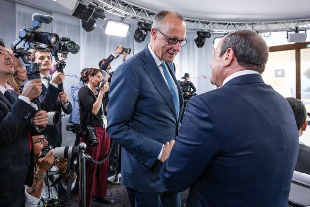 German Chancellor Friedrich Merz and Egyptian President Abdel Fattah al-Sisi during a working lunch as part of the G7 summit in Evian, eastern France, on June 16, 2026. A G7 summit is scheduled to take place June 15–17 in the French town of Évian-les-Bains near Switzerland, and it will be attended by national leaders as well as the EU’s foreign policy chief and ministers from Brazil, Canada, the United Arab Emirates, and Turkey. Ammar Abd Rabbo Pool Bestimage Évian-les-Bains, France,detected_source_language  Copyright: xAmmarxAbdxRabbo Pool BestimagexAmmarxAbdxRabbo Pool Bestimagex