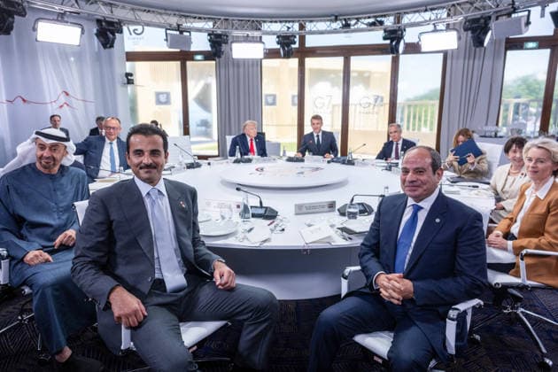 German Chancellor Friedrich Merz, European Council President Antonio Costa, U.S. President Donald Trump, French President Emmanuel Macron, Canadian Prime Minister Mark Carney, UAE President Sheikh Mohamed bin Zayed al Nahyan, Italian Prime Minister Giorgia Meloni, Japanese Prime Minister Sanae Takaichi,European Commission President Ursula von der Leyen, and Qatar’s Emir Sheikh Tamim bin Hamad al Thani during a working lunch as part of the G7 summit in Evian, eastern France, on June 16, 2026. A G7 summit is set to take place June 15–17 in the French town of Évian-les-Bains near Switzerland, and it will be attended by national leaders as well as the EU’s foreign policy chief and ministers from Brazil, Canada, the United Arab Emirates, and Tu  Copyright: xAmmarxAbdxRabbo Pool BestimagexAmmarxAbdxRabbo Pool Bestimagex
