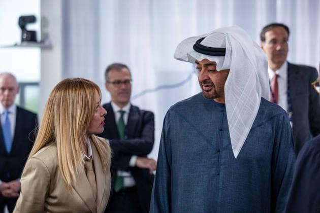 President of the United Arab Emirates (UAE) Sheikh Mohamed bin Zayed Al Nahyan and Italian Prime Minister Giorgia Meloni during a working lunch as part of the G7 summit in Evian, eastern France, on June 16, 2026 A G7 summit is set to take place June 15–17 in the French town of Évian-les-Bains near Switzerland, and it will be attended by national leaders as well as the EU’s foreign policy chief and ministers from Brazil, Canada, the United Arab Emirates, and Turkey Ammar Abd Rabbo Pool Bestimage Évian-les-Bains France,detected_source_language  Copyright: xAmmarxAbdxRabbo Pool BestimagexAmmarxAbdxRabbo Pool Bestimagex