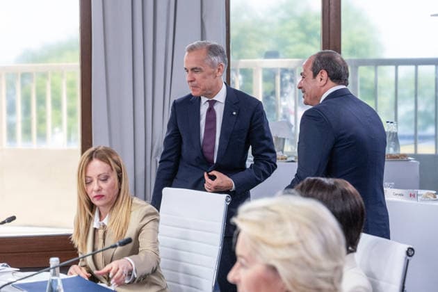 G7 Summit - Work Lunch Egypt s President Abdel Fattah al-Sisi, Canada s Prime Minister Mark Carney, Italy s Prime Minister Giorgia Meloni during a work lunch as part of the G7 summit, in Evian, eastern France, on June 16, 2026. A G7 summit is set to take place June 15 to 17 in the French town of Evian-les-Bains near Switzerland and it will be attended by country leaders as well as the EU s foreign policy chief and ministers from Brazil, Canada, the United Arab Emirates and Turkey. Photo by Ammar Abd Rabbo ABACAPRESS.COM Evian France  Copyright: xAbdxRabboxAmmar ABACAx