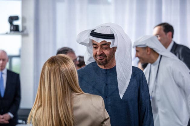 G7 Summit - Work Lunch United Arab Emirates (UAE) President Sheikh Mohamed bin Zayed Al-Nahyan, Italy s Prime Minister Giorgia Meloni during a work lunch as part of the G7 summit, in Evian, eastern France, on June 16, 2026. A G7 summit is set to take place June 15 to 17 in the French town of Evian-les-Bains near Switzerland and it will be attended by country leaders as well as the EU s foreign policy chief and ministers from Brazil, Canada, the United Arab Emirates and Turkey. Photo by Ammar Abd Rabbo ABACAPRESS.COM Evian France  Copyright: xAbdxRabboxAmmar ABACAx