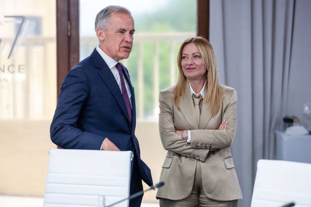 G7 Summit - Work Lunch Canada’s Prime Minister Mark Carney, Italy s Prime Minister Giorgia Meloni during a work lunch as part of the G7 summit, in Evian, eastern France, on June 16, 2026. A G7 summit is set to take place June 15 to 17 in the French town of Evian-les-Bains near Switzerland and it will be attended by country leaders as well as the EU s foreign policy chief and ministers from Brazil, Canada, the United Arab Emirates and Turkey. Photo by Ammar Abd Rabbo ABACAPRESS.COM Evian France  Copyright: xAbdxRabboxAmmar ABACAx