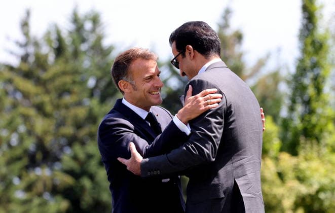 G7 Summit - Macron Welcomes Emir of Qatar French President Emmanuel Macron hosts Qatari Emir Cheikh Tamim ben Hamad al-Thani for an official meeting before a working lunch during the G7 summit in Evian-les-Bains, France on June 16, 2026, as the summit takes place from June 15 to 17. Photo by Dominique Jacovides Pool ABACAPRESS.COM Evian France  Copyright: xJacovidesxDominique Pool ABACAx
