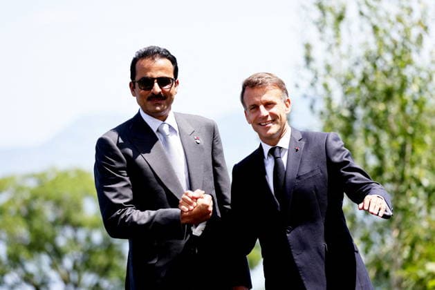 G7 Summit - Macron Welcomes Emir of Qatar French President Emmanuel Macron hosts Qatari Emir Cheikh Tamim ben Hamad al-Thani for an official meeting before a working lunch during the G7 summit in Evian-les-Bains, France on June 16, 2026, as the summit takes place from June 15 to 17. Photo by Dominique Jacovides Pool ABACAPRESS.COM Evian France  Copyright: xJacovidesxDominique Pool ABACAx