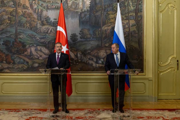 Hakan Fidan - Sergey Lavrov meeting in Moscow MOSCOW, RUSSIA - JUNE 16: Turkish Foreign Minister Hakan Fidan (L) speaks during a joint press conference with Russian Foreign Minister Sergey Lavrov (R) following their meeting in Moscow, Russia, on June 16, 2026. Mustafa Hatipoglu Anadolu Moscow Russia. Editorial use only. Please get in touch for any other usage.  Copyright: x2026xAnadoluxMustafaxHatipoglux