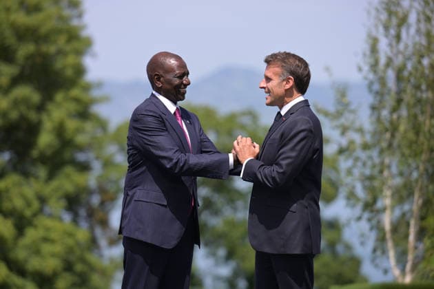 G7 Summit - Macron Welcomes William Ruto France s President Emmanuel Macron welcomes William Ruto President of the Republic of Kenya for the official greeting ahead of a work lunch as part of the G7 summit, in Evian, eastern France, on June 16, 2026. A G7 summit is set to take place June 15 to 17 in the French town of Evian-les-Bains near Switzerland and it will be attended by country leaders as well as the EU s foreign policy chief and ministers from Brazil, Canada, the United Arab Emirates and Turkey. Photo by Ammar Abd Rabbo ABACAPRESS.COM Evian-les-Bains France  Copyright: xAbdxRabboxAmmar ABACAx