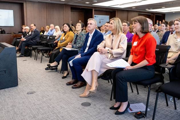 Londen, The Netherlands, 2026-06-16 11:17:00 LONDON, 16-06-2026, Queen Maxima at a roundtable discussion with financial service providers at Nationwide. The Queen is visiting London in her capacity as Special Advocate of the United Nations Secretary-General for Financial Health (UNSGSA). PHOTO: NLBeeld POOL Mischa Schoemaker Credit: NL Beeld Patrick van Emst  Copyright: xx x