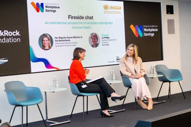 Londen, The Netherlands, 2026-06-16 11:34:00 LONDON, 16-06-2026, Queen Maxima at a roundtable discussion with financial service providers at Nationwide. The Queen is visiting London in her capacity as Special Advocate of the United Nations Secretary-General for Financial Health (UNSGSA). PHOTO: NLBeeld POOL Mischa Schoemaker Credit: NL Beeld Patrick van Emst  Copyright: xx x
