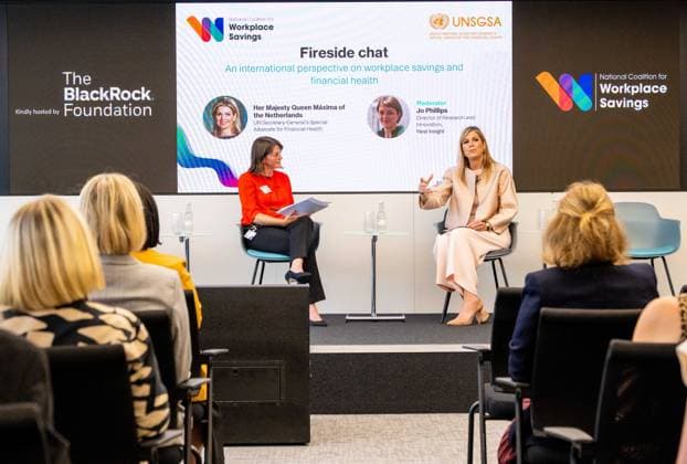 Londen, The Netherlands, 2026-06-16 11:41:25 LONDON, 16-06-2026, Queen Maxima at a roundtable discussion with financial service providers at Nationwide. The Queen is visiting London in her capacity as Special Advocate of the United Nations Secretary-General for Financial Health (UNSGSA). PHOTO: NLBeeld POOL Mischa Schoemaker Credit: NL Beeld Patrick van Emst  Copyright: xx x