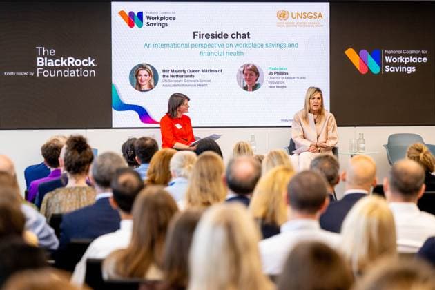 Londen, The Netherlands, 2026-06-16 11:42:12 LONDON, 16-06-2026, Queen Maxima at a roundtable discussion with financial service providers at Nationwide. The Queen is visiting London in her capacity as Special Advocate of the United Nations Secretary-General for Financial Health (UNSGSA). PHOTO: NLBeeld POOL Mischa Schoemaker Credit: NL Beeld Patrick van Emst  Copyright: xx x