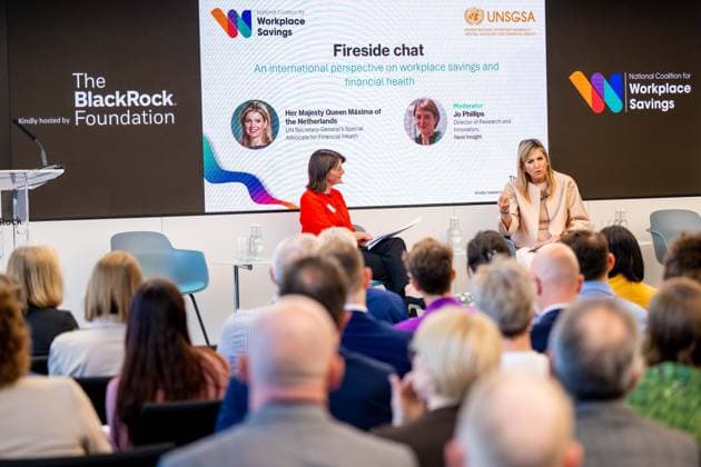 Londen, The Netherlands, 2026-06-16 11:44:46 LONDON, 16-06-2026, Queen Maxima at a roundtable discussion with financial service providers at Nationwide. The Queen is visiting London in her capacity as Special Advocate of the United Nations Secretary-General for Financial Health (UNSGSA). PHOTO: NLBeeld POOL Mischa Schoemaker Credit: NL Beeld Patrick van Emst  Copyright: xx x