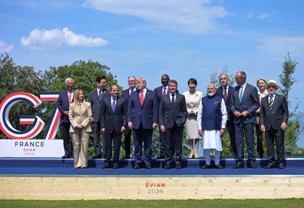 G7 Summit - Family Photograph - Evian (From L) European Council President Antonio Costa, Italy s Prime Minister Giorgia Meloni, South Korea s President Lee Jae-myung, Egypt s President Abdel Fattah El-Sisi, Britain s Prime Minister Keir Starmer, US President Donald Trump, Kenya s President William Ruto, France s President Emmanuel Macron, Japan s Prime Minister Sanae Takaichi, India s Prime Minister Narendra Modi, Canada s Prime Minister Mark Carney, Germany s Chancellor Friedrich Merz, European Commission President Ursula von der Leyen and Brazilian politician Luiz Inacio Lula Da Silva pose for a family photograph during the G7 summit, in Evian, eastern France, on June 16, 2026. A G7 summit is set to take place June 15 to 17 in the French  Copyright: xAbdxRabboxAmmar ABACAx