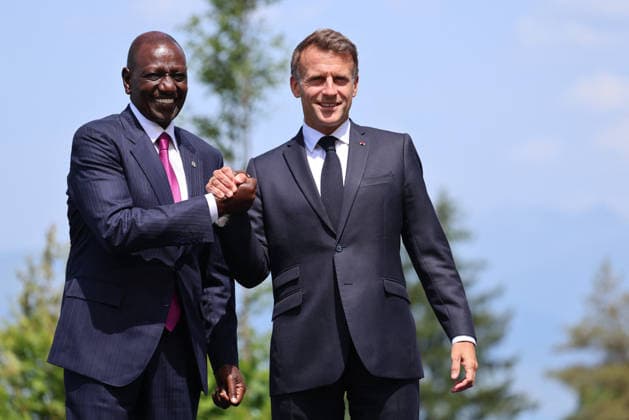 French President Emmanuel Macron welcomes Kenyan President William Ruto (left) for the official greeting ahead of a working lunch as part of the G7 summit in Evian, eastern France, on June 16, 2026. A G7 summit is scheduled to take place June 15–17 in the French town of Évian-les-Bains, near Switzerland, and will be attended by national leaders, as well as the EU’s foreign policy chief and ministers from Brazil, Canada, the United Arab Emirates, and Turkey. Ludovic Marin, Pool Bestimage, Évian-les-Bains, France,detected_source_language  Copyright: xLudovicxMarin Pool BestimagexLudovicxMarin Pool Bestimagex